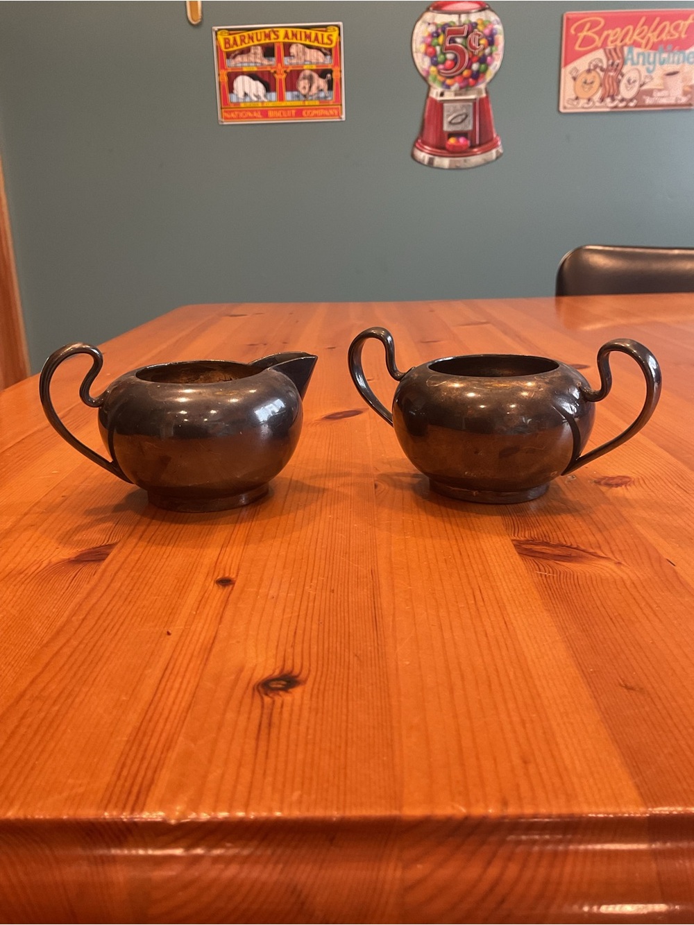 COLONIAL SILVER CREAMER & OPEN SUGAR ANTIQUE PORTLAND MAINE MARKED NUMBERED SIGN